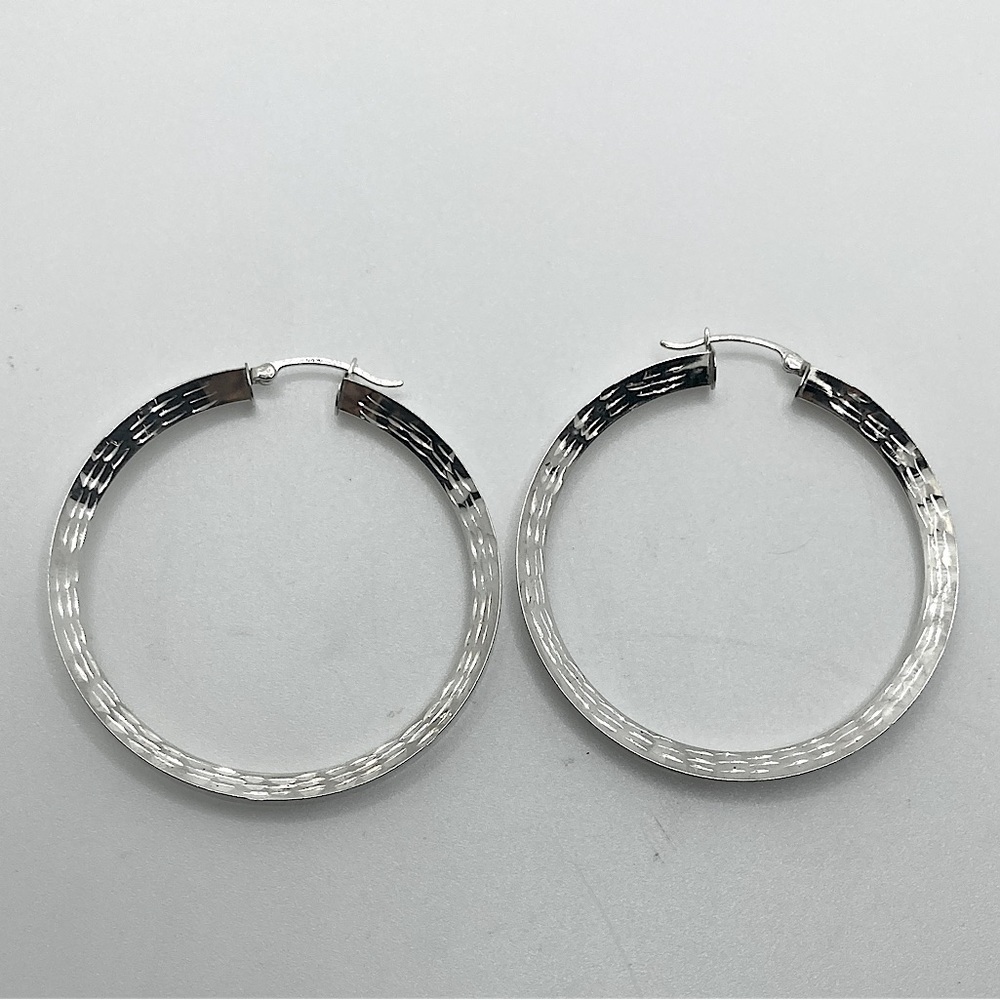 Vtg Sterling Silver Large Textured Etched Hoop Earrings / 2”